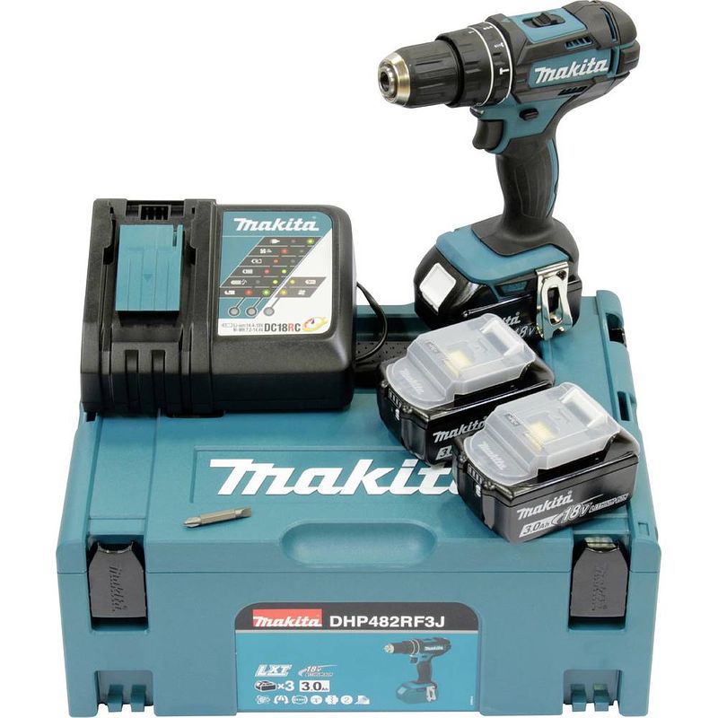 Foto van Makita dhp482rf3j -accu-klopboor/schroefmachine incl. 3 accus, incl. lader, incl. accessoires