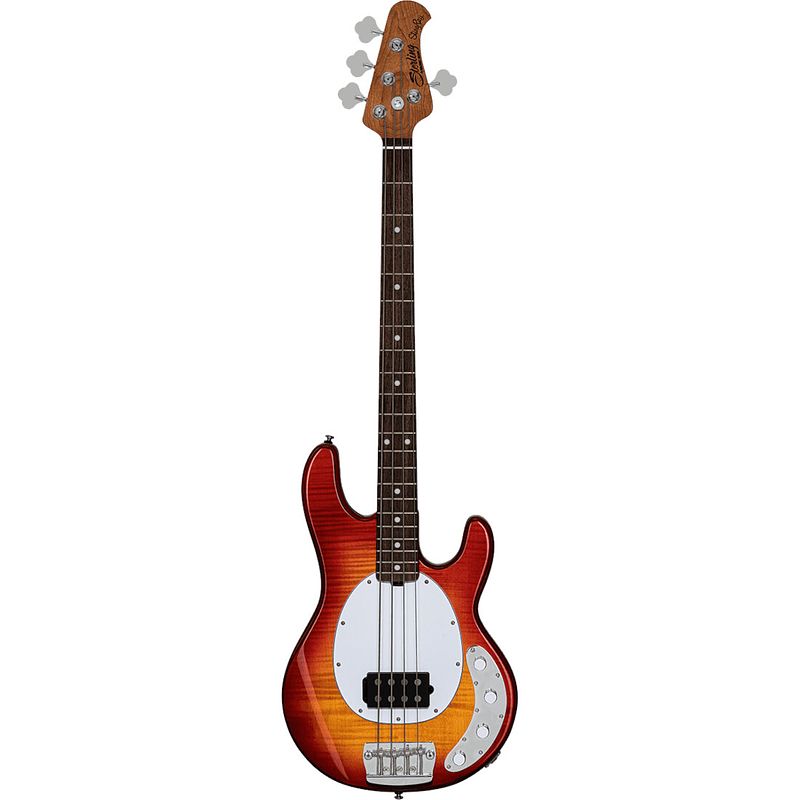 Foto van Sterling by music man stingray ray34 fm heritage cherry burst elektrische basgitaar met deluxe gigbag