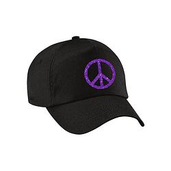 Foto van Paars glitter peace teken verkleed pet/cap zwart volwassenen - verkleedhoofddeksels