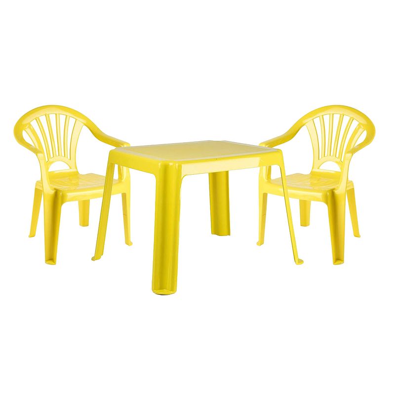 Foto van Forte plastics kinderstoelen 2x met tafeltje set - buiten/binnen - geel - kunststof - kinderstoelen