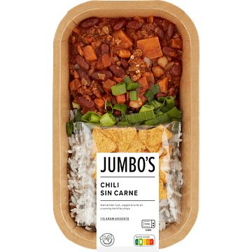 Foto van Jumbo verse maaltijd vegan chili sin carne met rijst en vegan kruim 450g