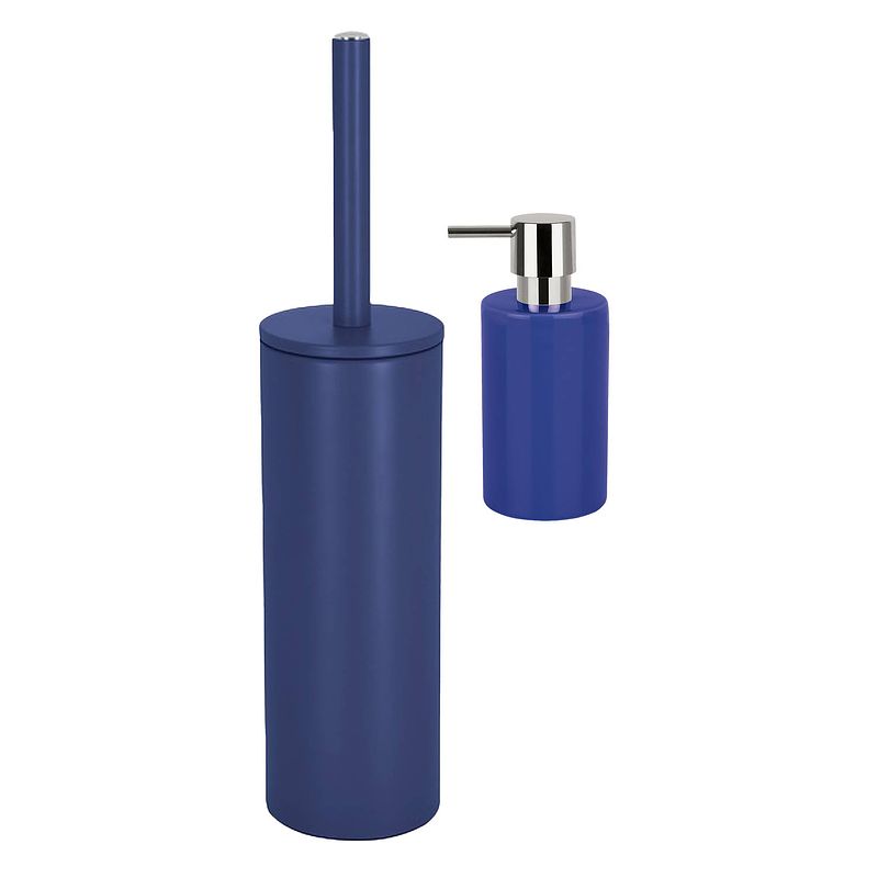 Foto van Spirella badkamer accessoires set - wc-borstel/zeeppompje - donkerblauw - badkameraccessoireset