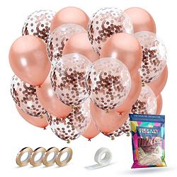 Foto van Fissaly® 40 stuks rose goud helium ballonnen met lint - verjaardag versiering - decoratie - papieren confetti