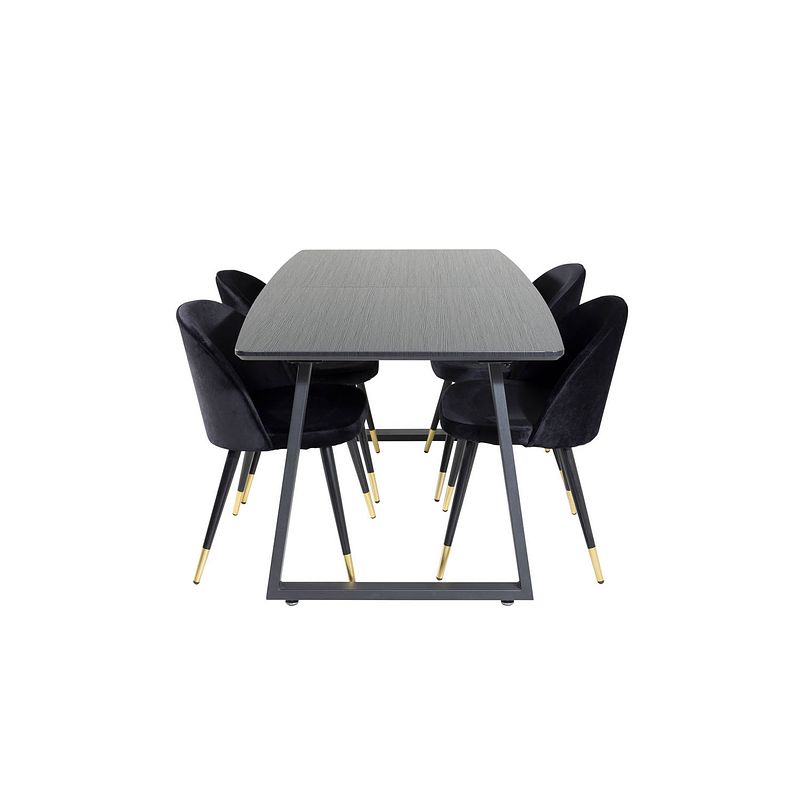 Foto van Incablbl eethoek eetkamertafel uitschuifbare tafel lengte cm 160 / 200 zwart en 4 velvet eetkamerstal velours zwart,