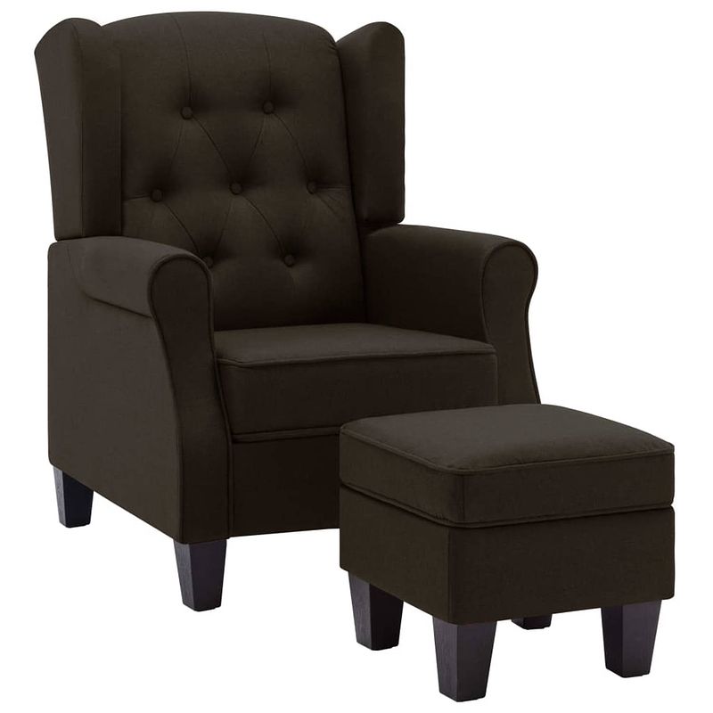 Foto van The living store lounge fauteuil - armstoel + voetenbank - donkerbruin stof - 68x78x94cm - stabiel houten frame