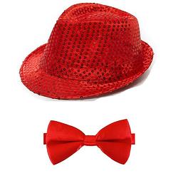 Foto van Carnaval verkleed set glitter hoed en strikje rood - verkleedhoofddeksels