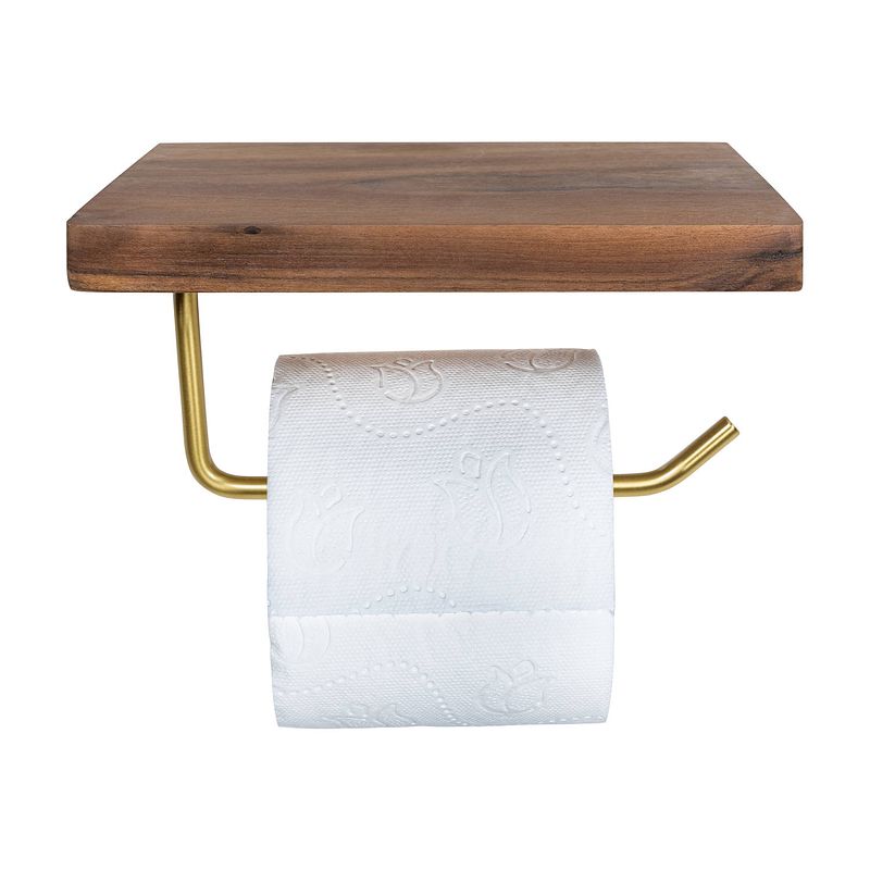 Foto van Quvio toiletrolhouder metaal met telefoon plank - donker hout + goud