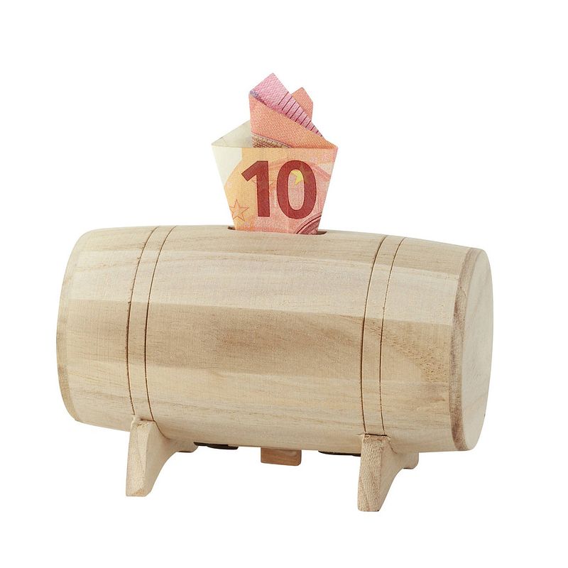 Foto van Spaarpot voor kinderen/volwassenen - houten vat/ton - 13 x 8 cm - spaarpotten