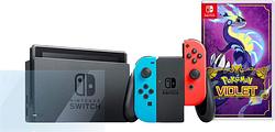 Foto van Nintendo switch rood/blauw + pokémon violet + bluebuilt screenprotector