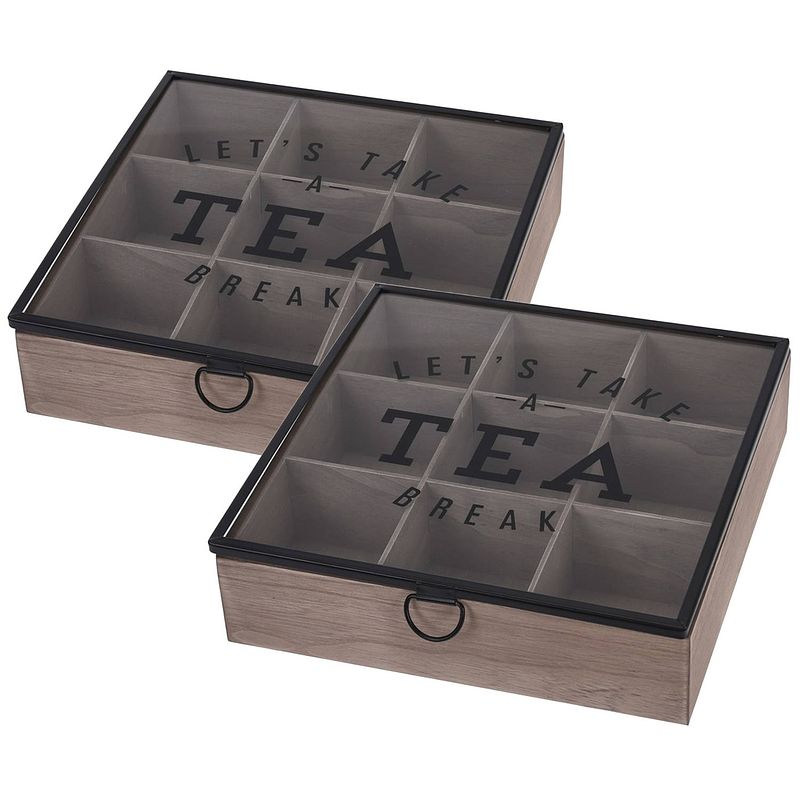 Foto van 2x stuks houten theedoos bruin tea break 9-vaks 25 cm - theedozen
