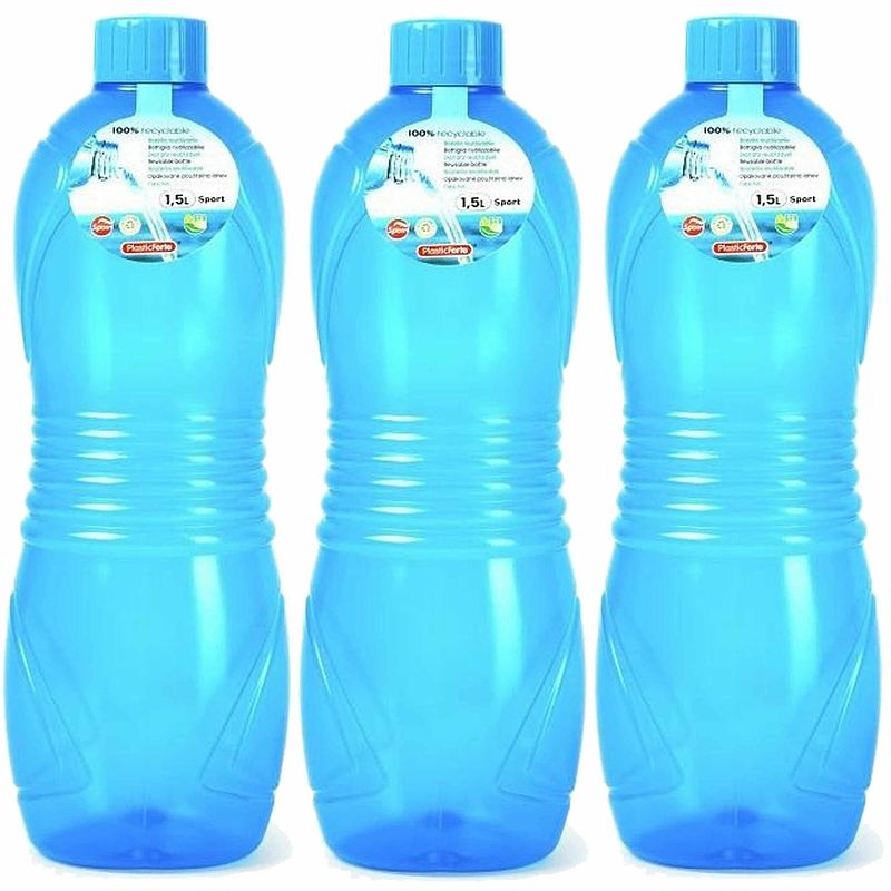 Foto van Plasticforte drinkfles/waterfles/bidon - 3x - 1500 ml - transparant/blauw - kunststof - drinkflessen