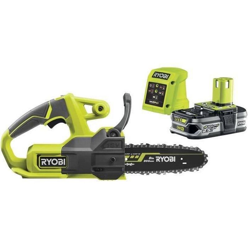 Foto van Compact draadloze kettingzaag 18v ryobi one+ - gids 20 cm - geleverd met 1 lithiumbatterij+ 2,5 ah en 1 lader 1,5 a