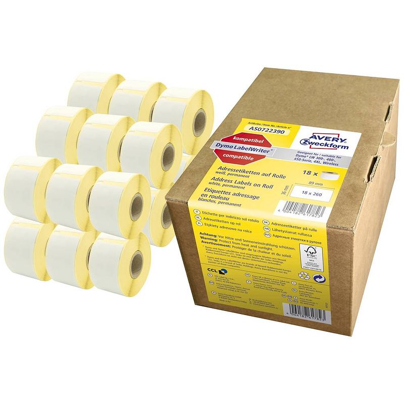 Foto van Avery-zweckform as0722390 etiketten 89 x 36 mm papier wit 4680 stuk(s) permanent adresetiketten