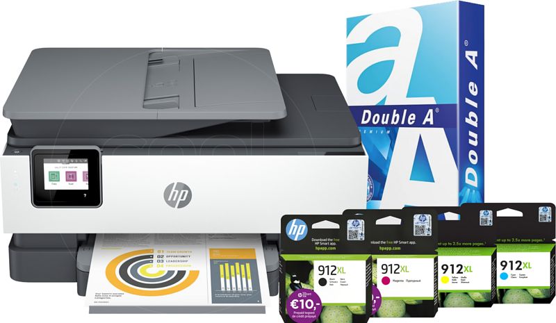 Foto van Hp officejet pro 8022e + 1 set extra inkt + 500 vellen a4 papier