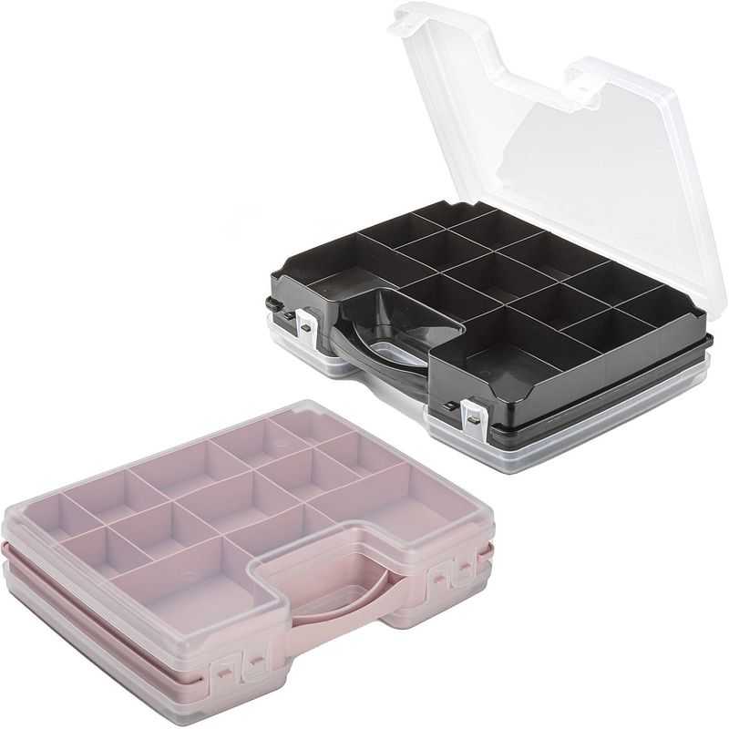 Foto van Forte plastics - 4x opberg vakjes doos/sorteerbox - 21-vaks kunststof - 28 x 21 x 6 cm - zwart/roze - opbergbox