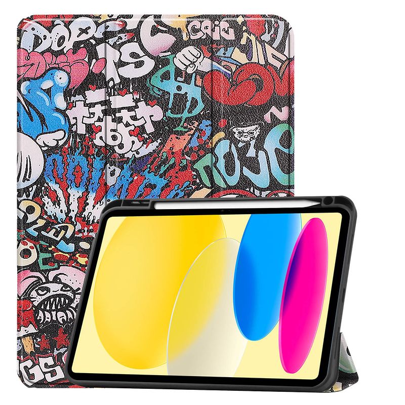 Foto van Basey ipad 10 hoes case hoesje hard cover - ipad 10 2022 hoesje bookcase uitsparing apple pencil - graffity