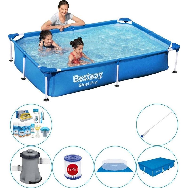 Foto van Bestway steel pro rechthoekig zwembad - 221 x 150 x 43 cm - blauw - voordelig pakket