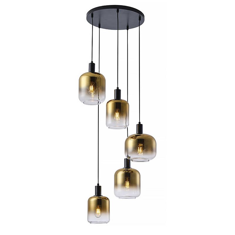 Foto van Freelight hanglamp vario 5 lichts ø 50 cm goud glas zwart