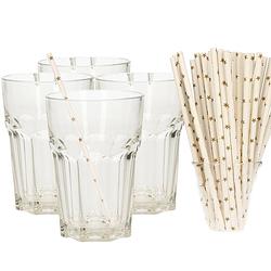 Foto van Set van 4x longdrink glazen en 100x duurzame papieren rietjes - 360 ml - drinkglazen