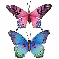 Foto van Set van 2x stuks tuindecoratie muur/wand vlinders van metaal in blauw en roze tinten 48 x 30 cm - tuinbeelden