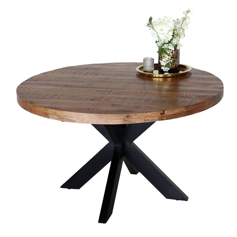 Foto van Eettafel rond mangohout 120cm jones bruin ronde industriële tafel duurzaam mango eetkamertafel