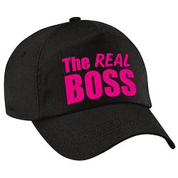 Foto van Zwarte feestpet / cap the real boss in roze tekst dames - verkleedhoofddeksels