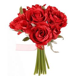 Foto van Topart boeketje kunstbloemen - rozen - rood - 20 cm - 9x stuks - kunstbloemen
