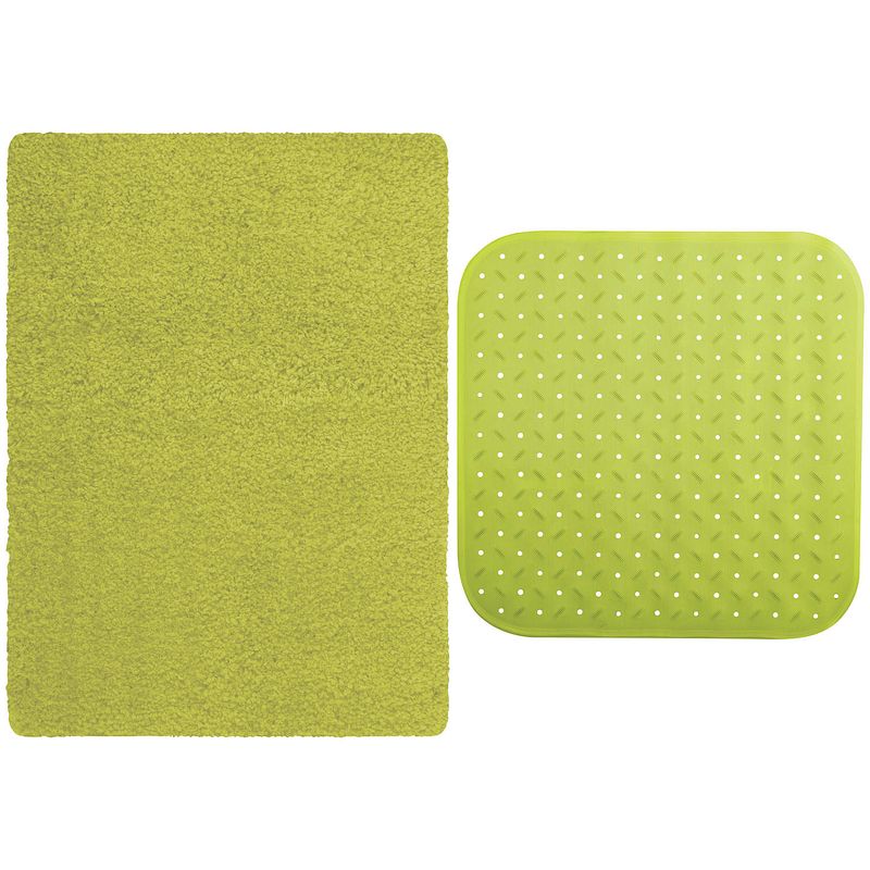 Foto van Msv douche anti-slip mat en droogloop mat - venice badkamer set - rubber/microvezel - limegroen - badmatjes