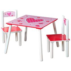 Foto van Stevige kindertafelset met 2 stoelen hartjes motief - roze/wit