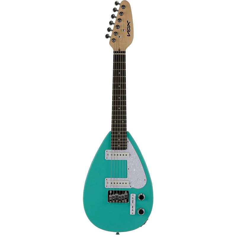 Foto van Vox mark iii teardrop mini aqua green elektrische gitaar in mini-formaat met draagtas