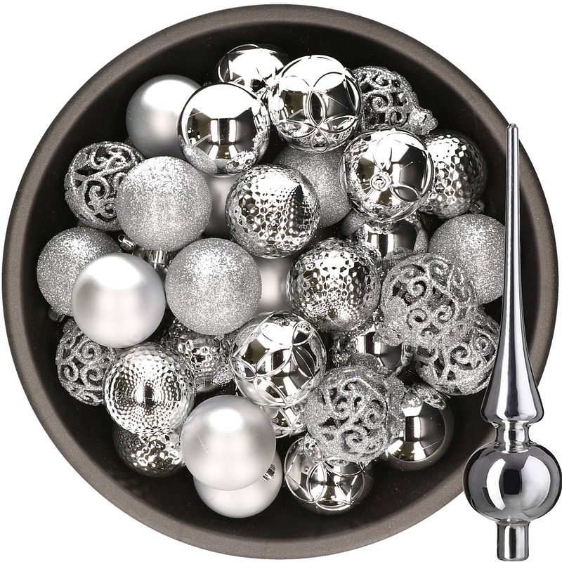 Foto van 37x stuks kunststof kerstballen 6 cm incl. glazen piek glans zilver - kerstbal