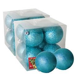 Foto van 16x stuks kerstballen ijsblauw glitters kunststof 7 cm - kerstbal