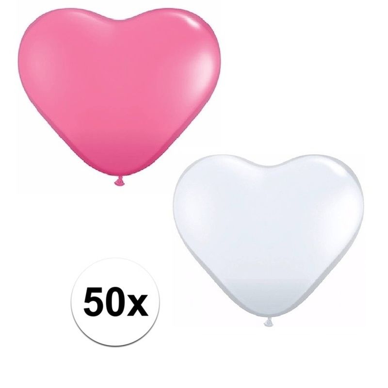 Foto van 50x bruiloft ballonnen wit / roze hartjes versiering 15 cm - huwelijk / valentijn