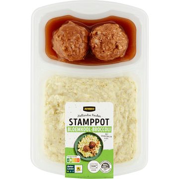 Foto van 2 voor € 6,00 | jumbo stamppot bloemkoolbroccoli met gehaktballen 500g aanbieding bij jumbo