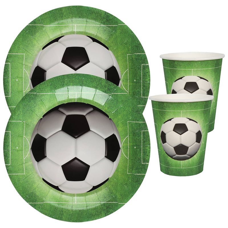 Foto van Voetbal feest wegwerp servies set - 10x bordjes / 10x bekers - groen - feestpakketten