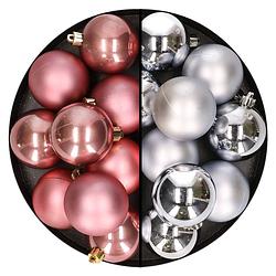 Foto van 24x stuks kunststof kerstballen mix van zilver en oudroze 6 cm - kerstbal