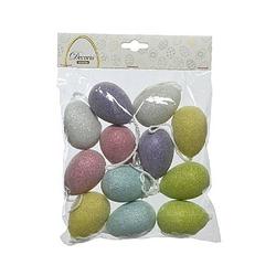 Foto van 12x gekleurde glitter plastic/kunststof eieren/paaseieren 6 cm - feestdecoratievoorwerp
