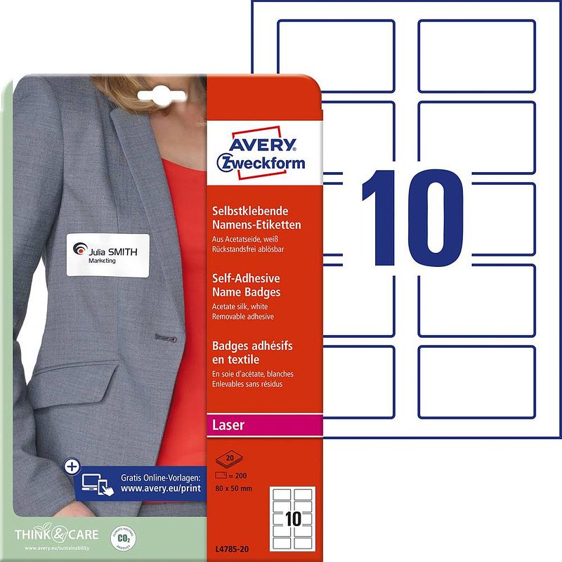 Foto van Avery-zweckform l4785-20 etiketten 80 x 50 mm acetaatzijde wit 200 stuk(s) weer verwijderbaar naametiketten, textieletiketten laser