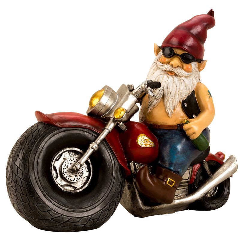 Foto van Tuinkabouter beeld biker - polystone - motor rijder - 28 x 35 cm - tuinbeelden