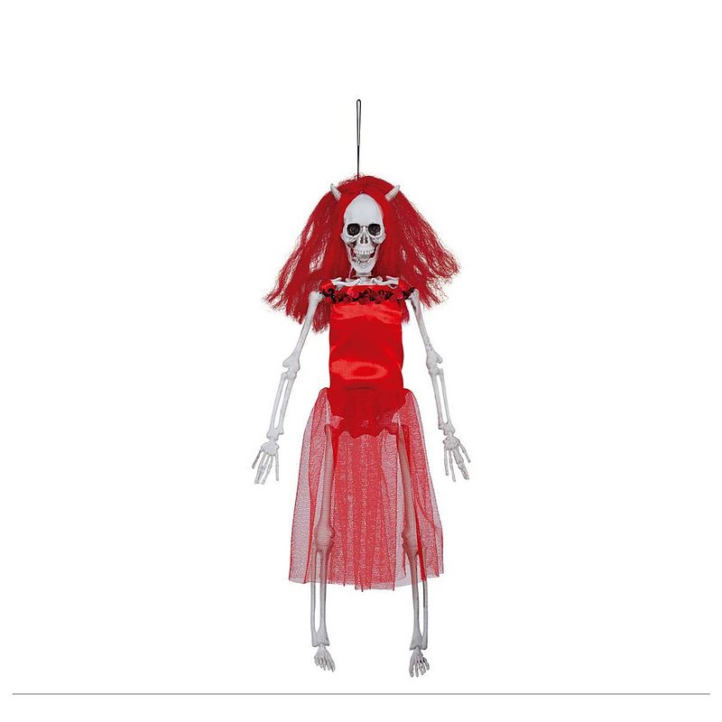 Foto van Fiestas horror/halloween decoratie skelet/geraamte pop - duivel vrouw - 40 cm - halloween poppen