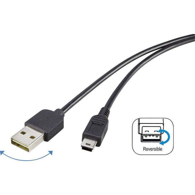 Foto van Renkforce usb-kabel usb 2.0 usb-a stekker, usb-mini-b stekker 1.80 m zwart stekker past op beide manieren, vergulde steekcontacten rf-4096107