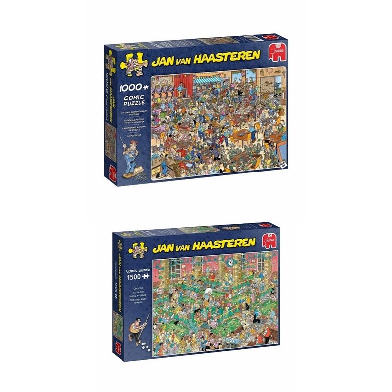 Foto van Jan van haasteren puzzelbundel - 2 stuks - nk puzzelen 1000 stukjes & krijt op tijd! 1500 stukjes