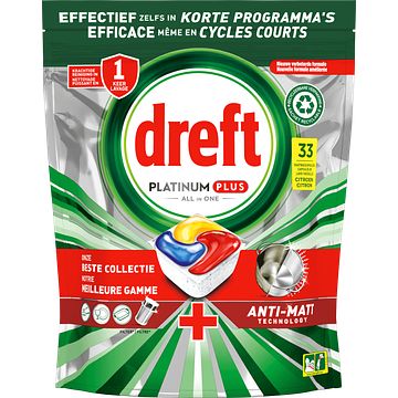 Foto van 2+3 gratis | dreft platinum plus all in one vaatwascapsules citroen, 33 capsules aanbieding bij jumbo