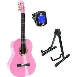 Foto van Lapaz 002 pi klassieke gitaar 4/4-formaat roze + statief + stemapparaat