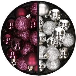 Foto van 34x stuks kunststof kerstballen aubergine paars en zilver 3 cm - kerstbal