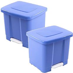 Foto van 2x stuks dubbele afvalemmer/vuilnisemmer blauw 35 liter met deksel en pedaal - prullenbakken