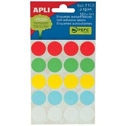 Foto van Apli ronde etiketten in etui diameter 19 mm, geassorteerde kleuren, 100 stuks, 20 per blad (7109)