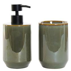 Foto van Badkamerset met zeeppompje en tandenborstel beker groen keramiek 17 cm - toilet/badkamer accessoires