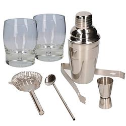 Foto van Cocktailshaker set rvs 5-delig inclusief 2x cocktailglazen 350 ml - cocktailshakers