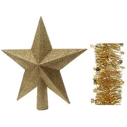 Foto van Kerstversiering kunststof glitter ster piek 19 cm en sterren folieslingers pakket goud van 3x stuks - kerstboompieken